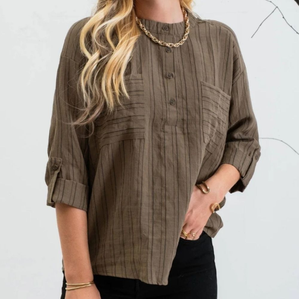 Women's MINE Olive Green Vertical Striped Long Sleeve Top, Size S